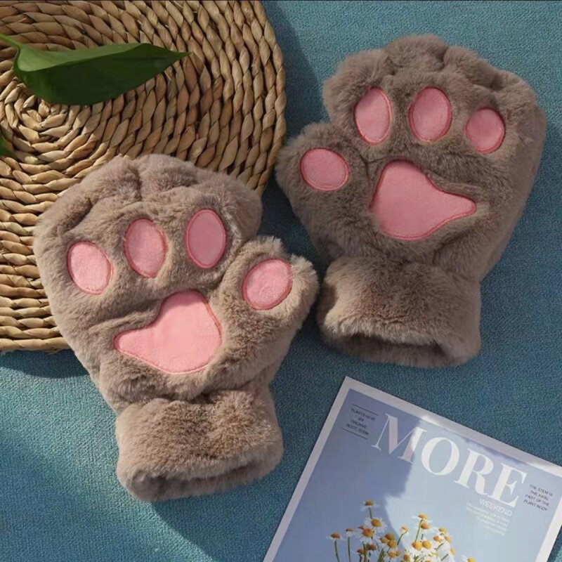 2023新款女士时尚手套绒加厚加绒时尚保暖挂绳全指可爱猫爪手套