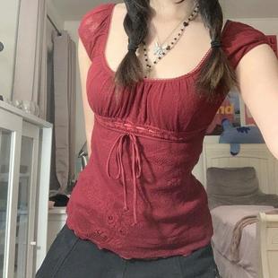 shirt Sleeve Lady Short Bow Kawaii Collar Square Elegant