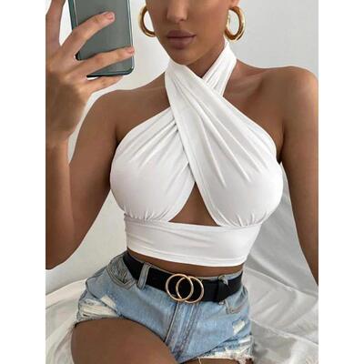 Women Summer Tank ops Sexy Solid Color Cross Halter Neck Pus