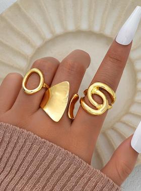 3-piece ring set欧美跨境新款金色光面不规则镂空合金戒指3件套