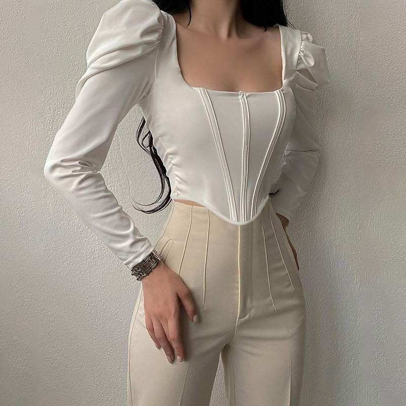 French Style Women Square Collar Irregular Crop Top Elegant