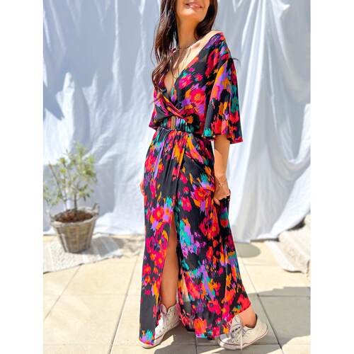 Boho Deep V-neck Floral Print Long Dress Casual Split Flare