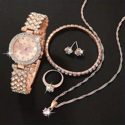 跨界5pcs手表套装女镶钻钻戒首饰腕表套装Watch accessories set