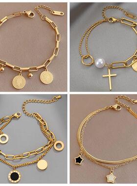 Stainless Steel Layered Golden Pendant Bracelet For Women Re