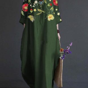 Print Dress with Art Retro Neck Round Long Feminine