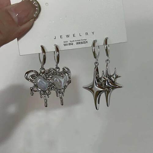 Simple Silver Color Star Earrings for Women Opal Stone Heart