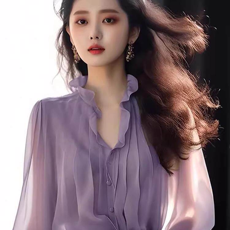 2025春季法式设计绝美上衣感超好看洋气减龄灰色雪纺衬衫