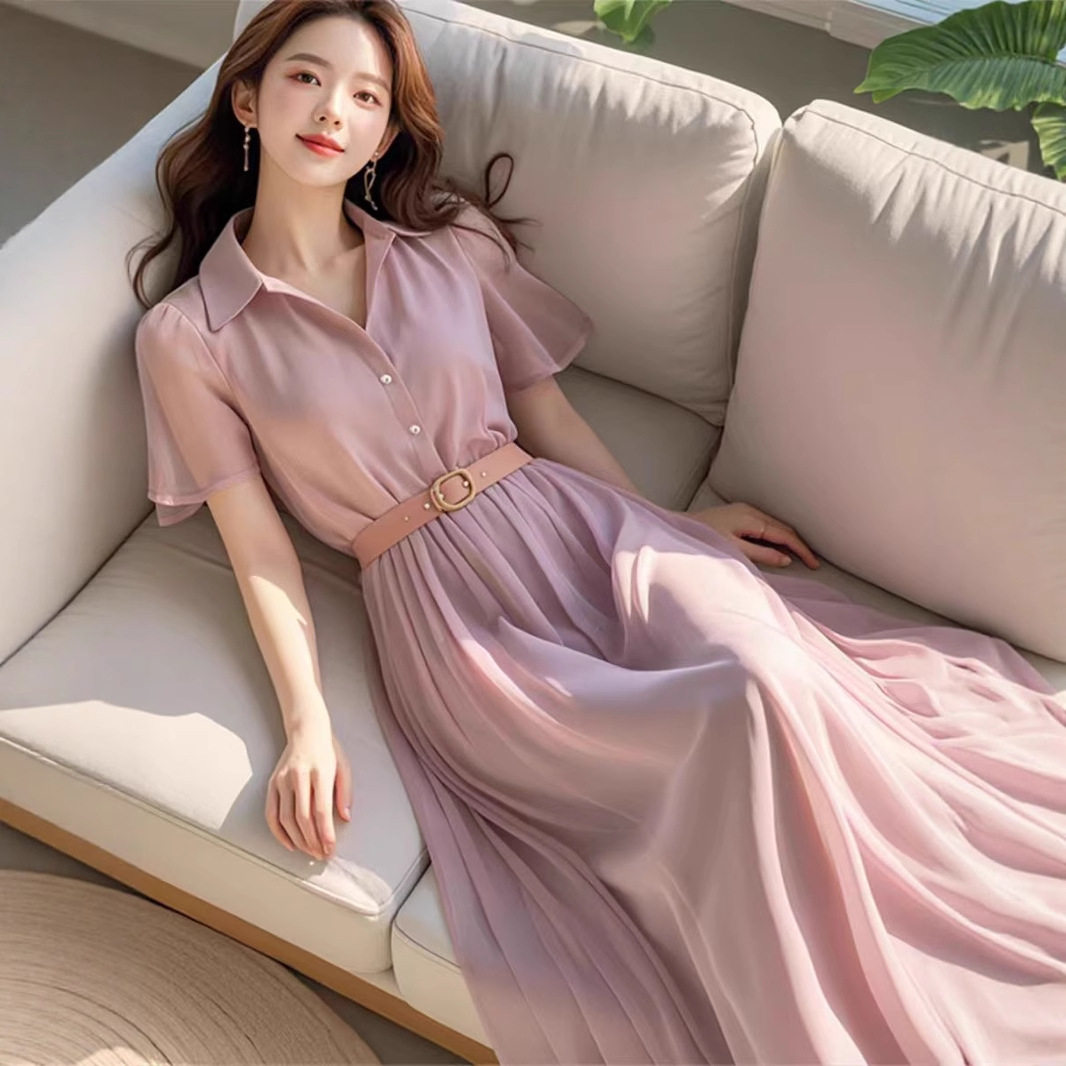 2025新款夏季今年流行的简单大方高级感紫色雪纺连衣裙子女装长裙