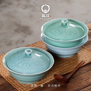 精选瓯江龙泉青瓷菜盘春色满园系列12寸鱼盘中式家用8寸汤盘商用