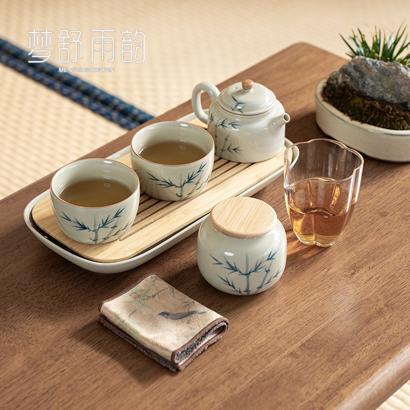 草木灰手绘竹子德钟壶一壶两杯茶盘套组家用茶壶茶杯功夫茶具套装