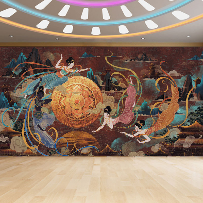 敦煌壁画飞天仙女奇幻墙布莫高窟仕女祥云古典壁纸摄影拍照背景墙