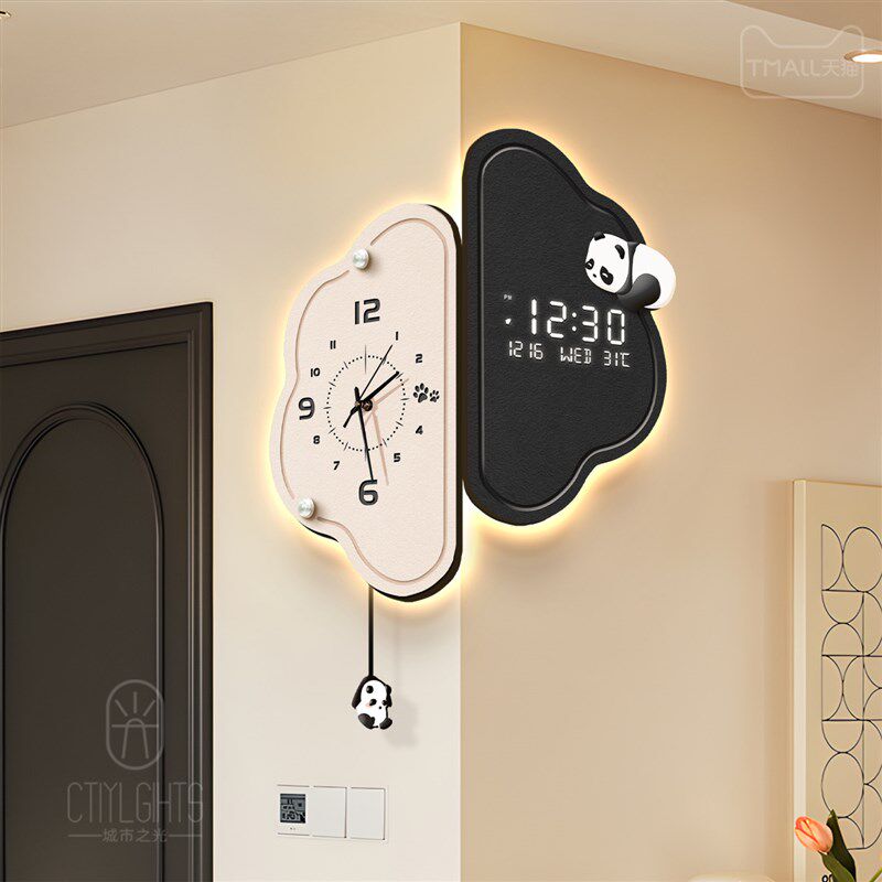熊猫转角挂钟客厅云朵万年历电子钟表创意家用高级感拐角双面时钟