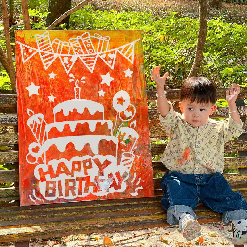 宝宝生日装饰涂鸦diy手绘画板场景布置男女孩儿童亲子氛围仪式感