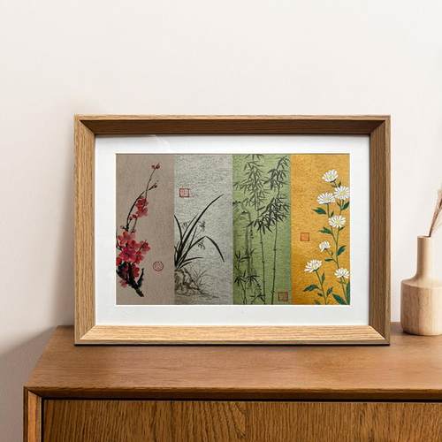 教师节礼物梅兰竹菊手绘相框桌面摆件卧室办公室挂画装饰画ins风