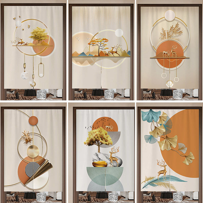 中式麋鹿布艺门帘卧室隔断帘遮挡厨房厕所布挂帘免打孔家用半挂帘