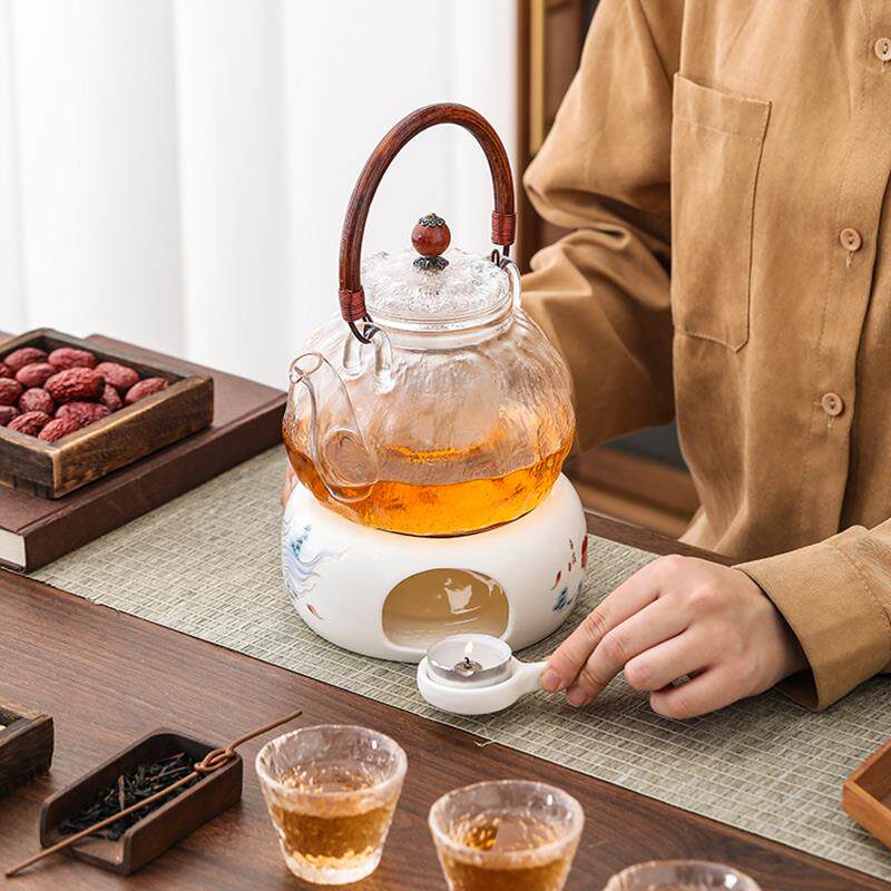 日式风花茶壶茶杯耐热玻璃水果茶壶蜡烛保温底座酒店下午茶具套组