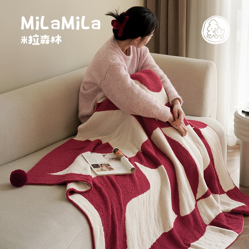 MILA米拉红色异形色块毛绒针织午睡披毯毛毯新年沙发盖毯春夏空调