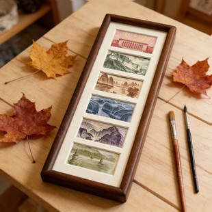 钱币风景插画相框六景合集实木摆台文创礼品桌面装饰收藏纪念摆件