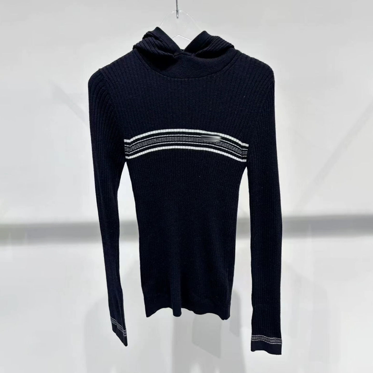 撞色条纹修身连帽长袖针织衫毛衣