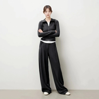 假两件收腰针织衫休闲裤运动套装