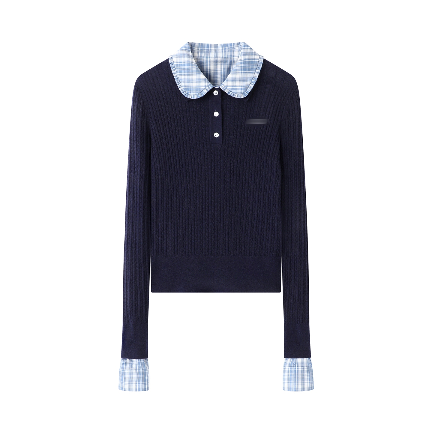 修身翻领拼接假两件针织衫女