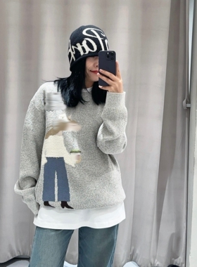 D家2026春款摩登小马提花圆针织衫软糯百搭灰色毛衣上衣2K1EE50