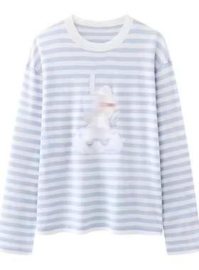 D家2026春季新款时尚百搭圆领条纹长袖宽松显瘦长袖T恤女3K1EE08