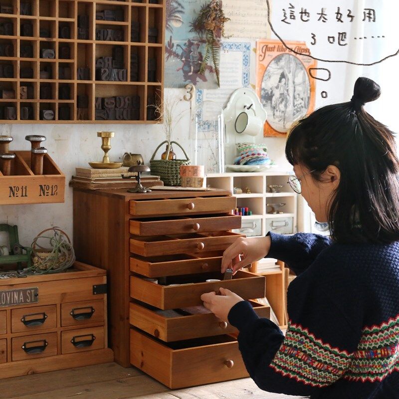 叁杉家居书桌整理文具贴纸木质复古分格收纳盒抽屉分隔多层收纳柜