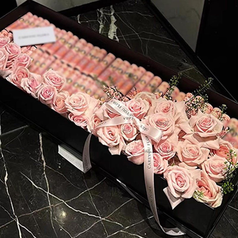 浪漫粉色玫瑰花束礼盒肥牛卷有钱花礼盒仿真花盒diy材料包生日礼
