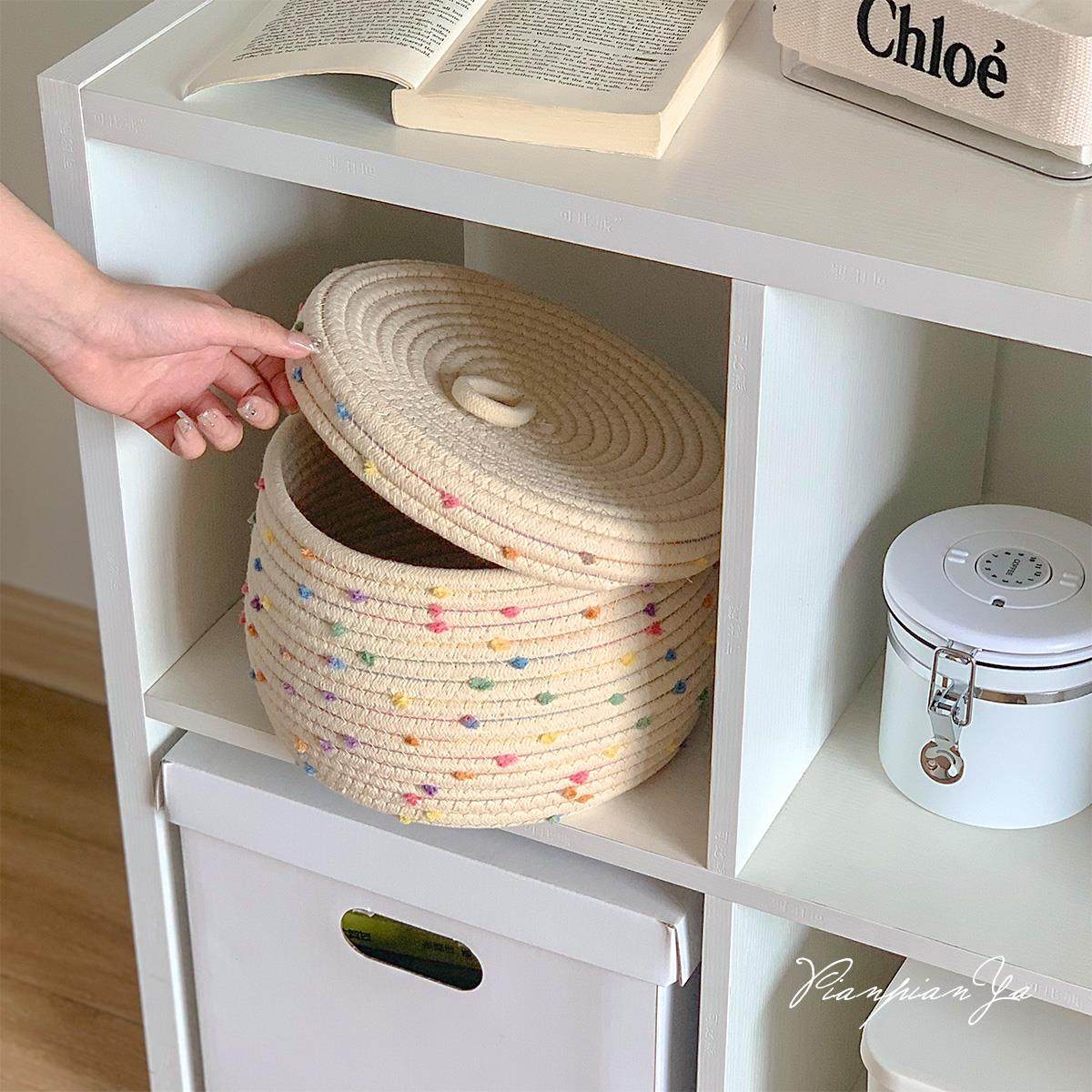 编织款收纳筐桌面收纳带盖子棉线 线置物篮储物整理盒零食客厅茶