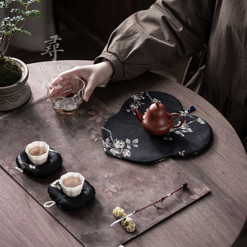 寻心织锦棉麻刺绣白牡丹布艺茶席干泡席桌旗桌布茶台隔热防烫垫子