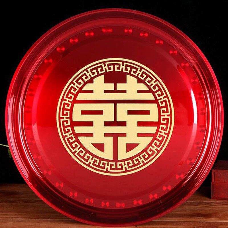 大号托盘敬茶敬酒圆形茶盘结婚不锈钢大红色水果喜盘婚庆婚礼用品