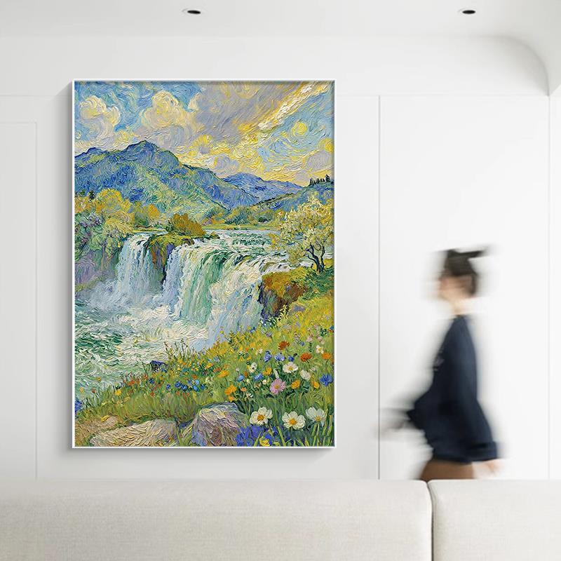 高山流水客厅山水手绘油画梵高瀑布装饰画风景餐厅挂画玄关肌理画