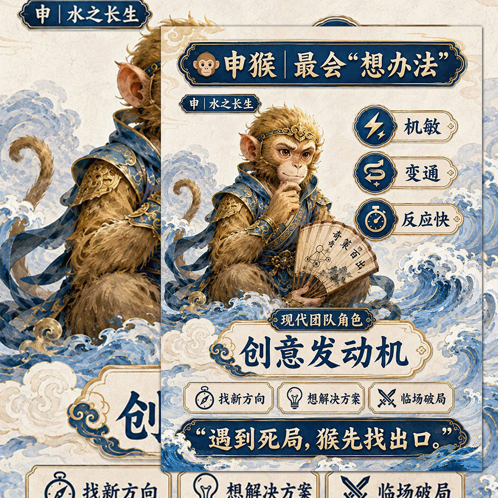 三合水局贴纸地支三合洞察力资源整合高敏感后手思维五行八字贴画
