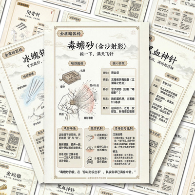 24大张金庸暗器榜贴纸古代武侠小说神雕侠侣暗器手法解析图贴画