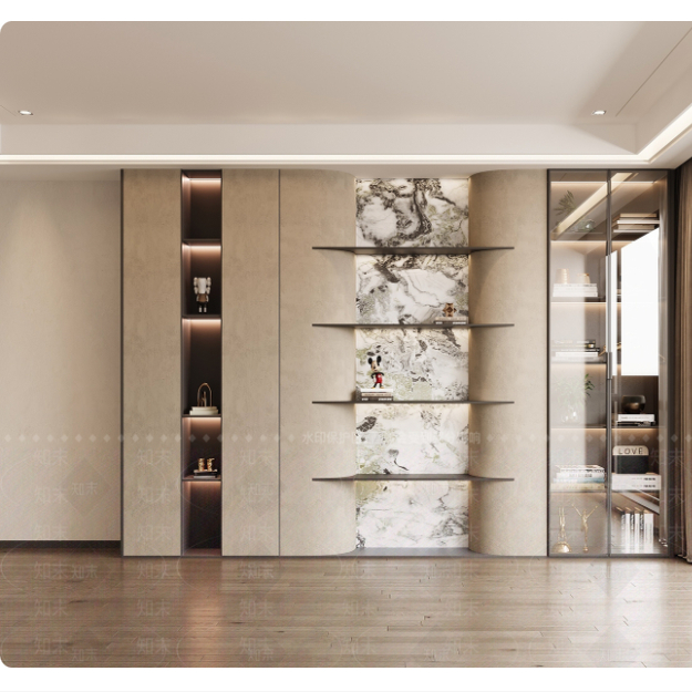 定制不绣钢层板隔板实心板灯带嵌入式弧形哑光金属置物架内嵌式