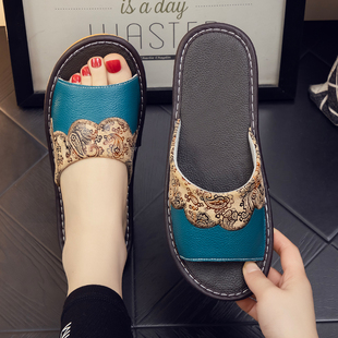 复古风真皮拖鞋室内男女居家用房间夏季防滑软底老人全牛皮凉拖鞋