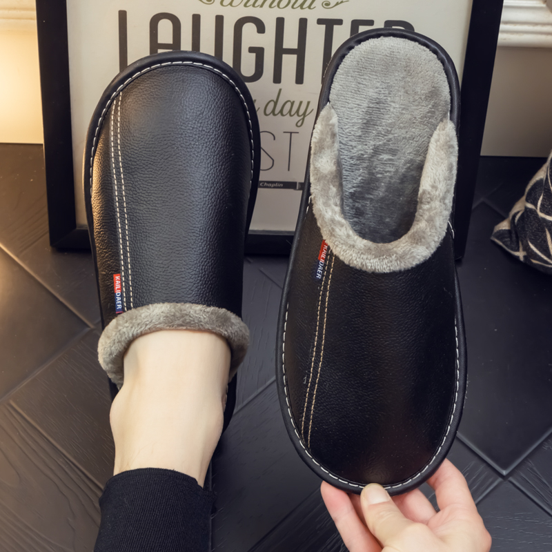 秋冬季新款牛皮防水居家用男保暖棉拖鞋厚底木地板防滑静音真皮女
