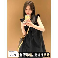 法式小飞袖黑色连衣裙子女夏2024新款三亚海边度假无袖背带小黑裙