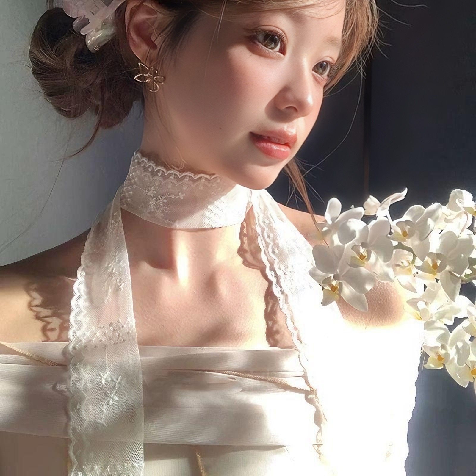 白色花朵蕾丝丝巾系脖丝带围脖脖子配饰春夏新款氛围感2025新款女