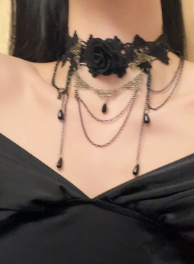 黑色蕾丝脖子配饰装饰项链女项圈流苏吊坠玫瑰花颈带choker暗黑系