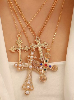 复古y2k辣妹风十字架吊坠项链女士长款叠戴亚文化锁骨链串珠颈链