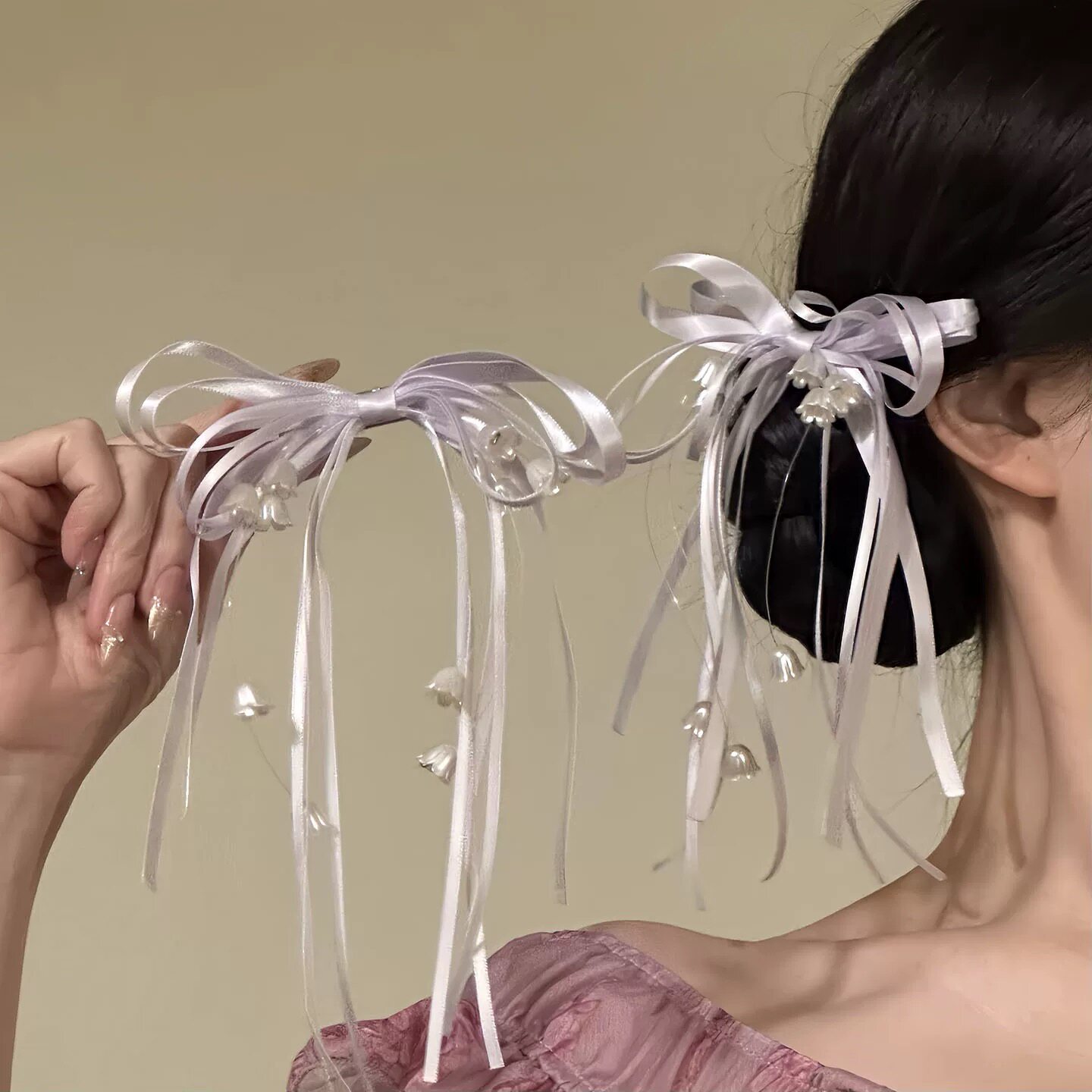 超仙紫色铃兰花蝴蝶结丝带发夹氛围感鸭嘴夹发卡头饰温柔夹子发饰