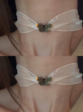 Vintage古着 白色蕾丝蝴蝶短款项圈choker锁骨链复古小众丝带项链