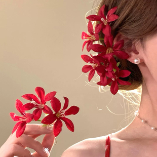 新年喜庆氛围感红色花朵发簪女新中式头花发饰高级感侧边发卡头饰