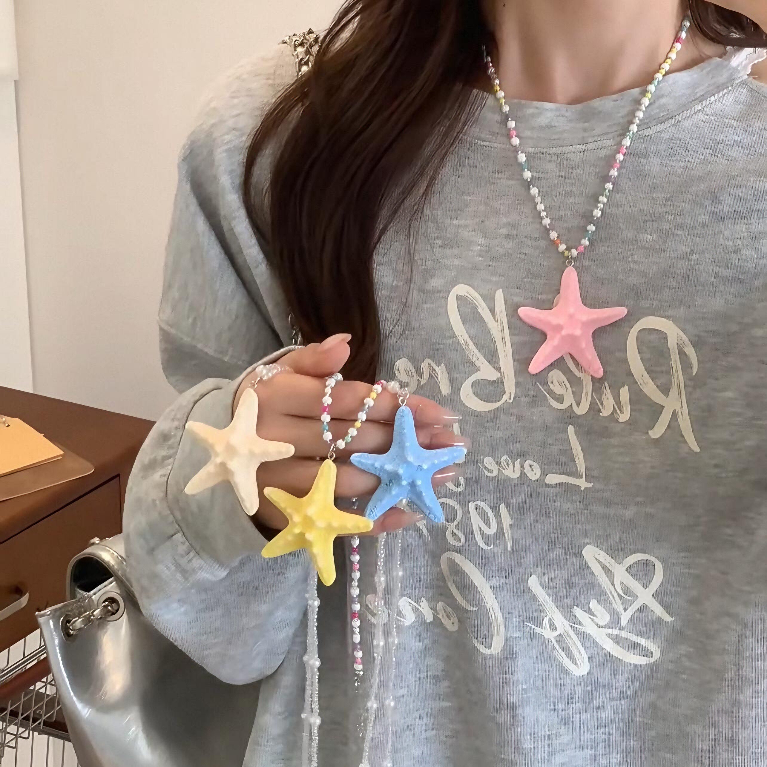 多巴胺长款串珠海星项链女夏天海边海岛度假风夸张黄色锁骨链配饰