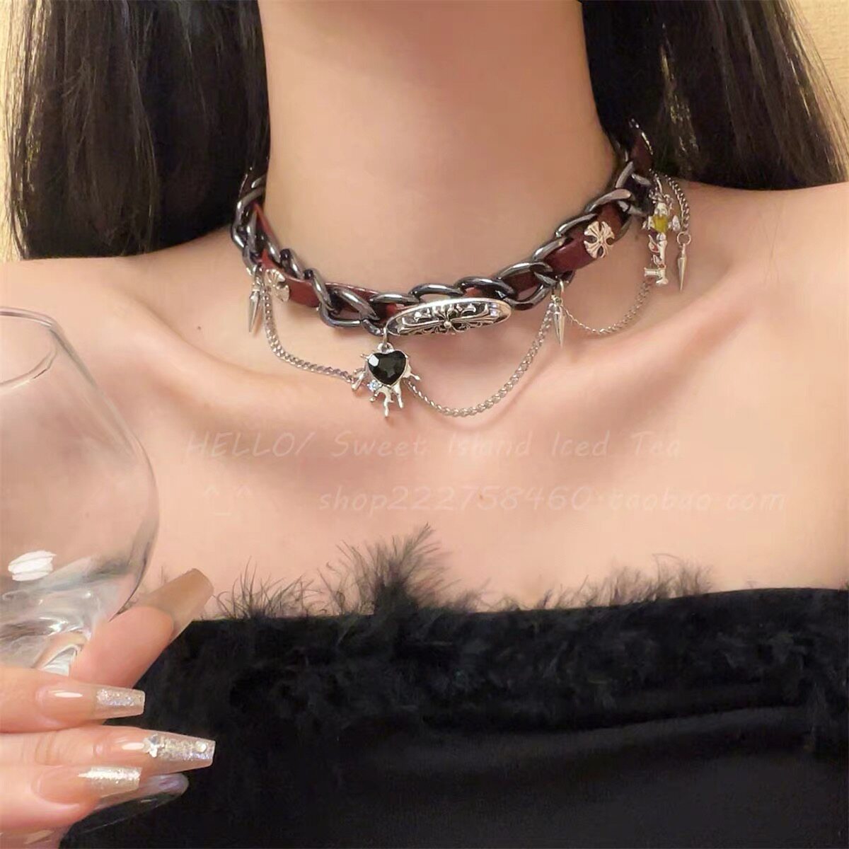 y2k缠绕铆钉金属皮革项链choker项圈朋克亚文化小众锁骨链配饰女