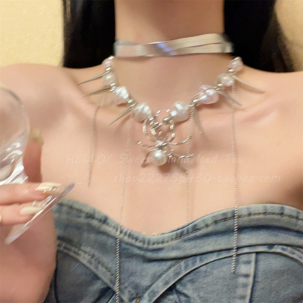 不规则异形珍珠蜘蛛朋克多层项链女夸张铆钉辣妹流苏choker项圈