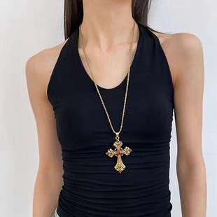 金色水钻十字架长款项链中古复古朋克毛衣链小众亚文化卫衣链