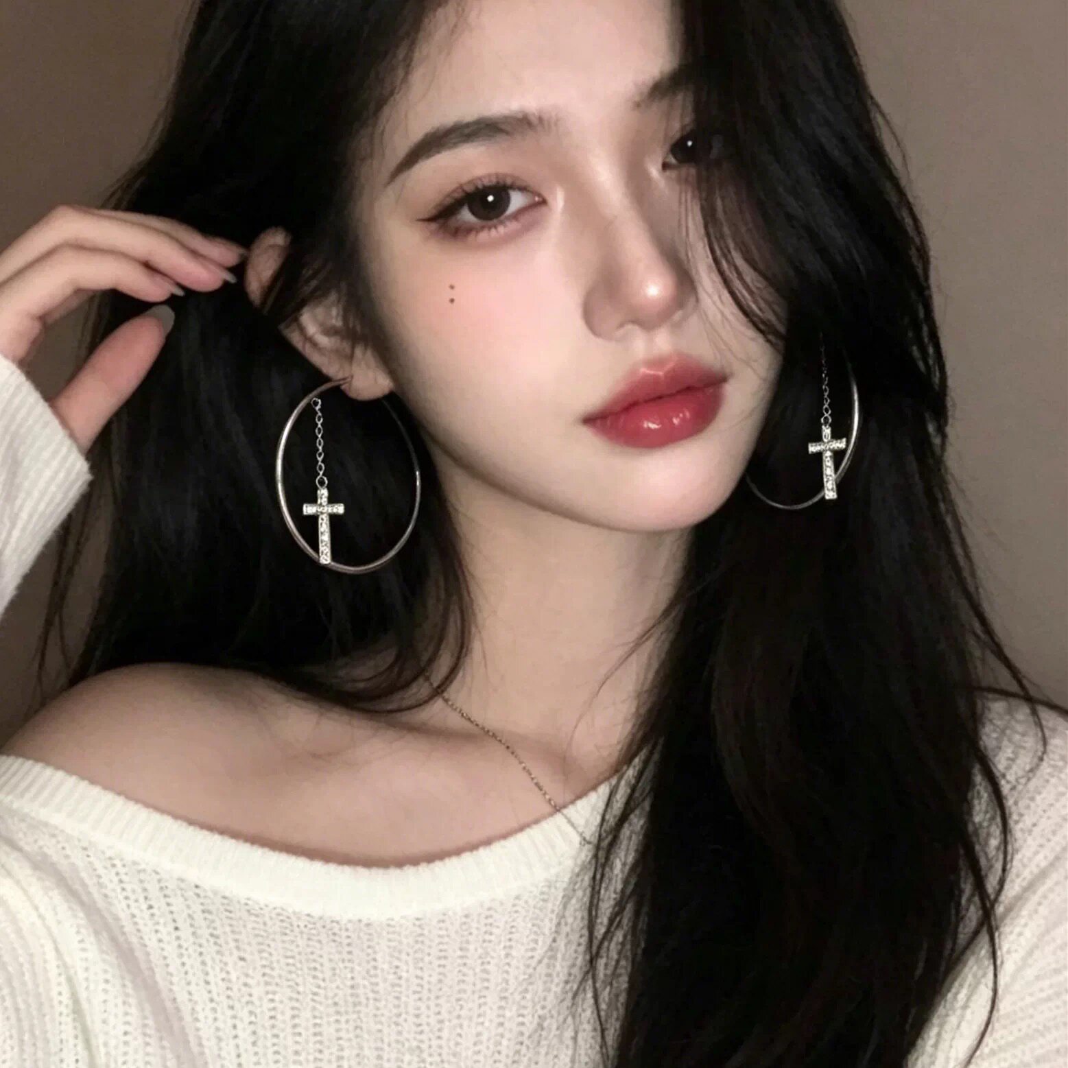 欧美夸张闪钻十字架素圈耳环女小众设计高级感耳钉独特显脸小耳饰